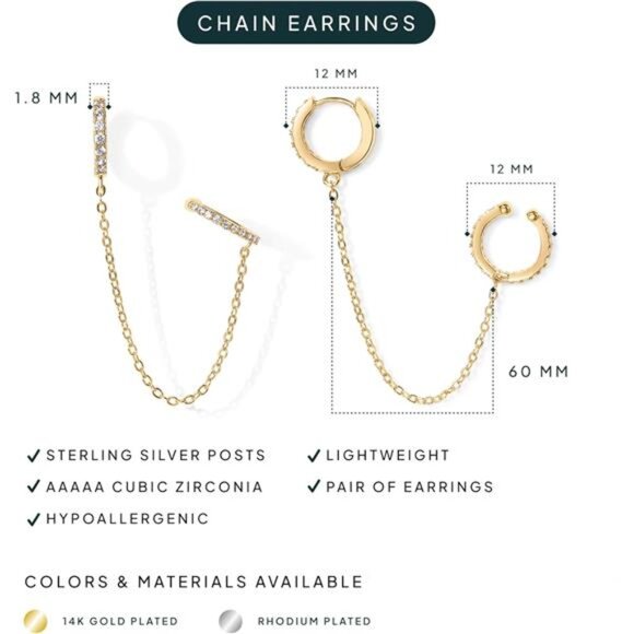 14K Gold Chain Earrings for Women | Double Piercing Dangle Chain Huggie - Picture 3 of 7